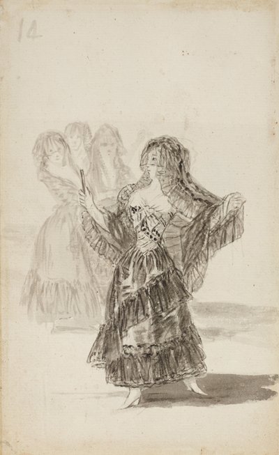 Two Majas Embracing (recto); Maja Parading before Three others (verso) by Francisco de Goya